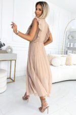 315-6 EMILY Pleated dress with ruffles on the shoulders and neckline - beige-4