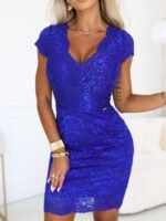 316-13 Lace fitted dress with short sleeve and neckline - cornflower blue-4