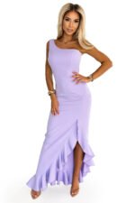 317-6 Long dress with ruffles and an asymmetrical neckline - lavender-7