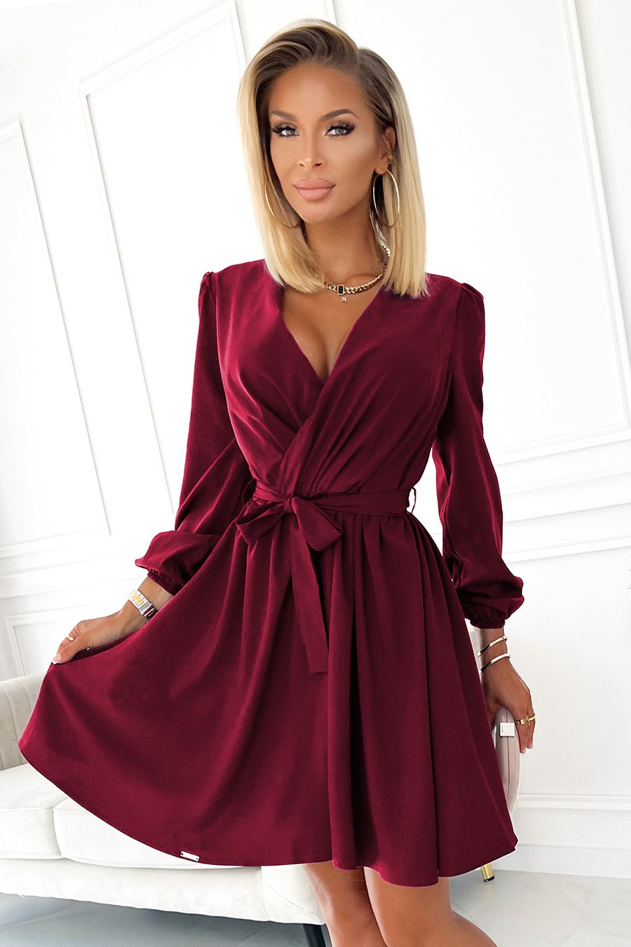 339-3 BINDY Feminine dress with a neckline - Burgundy-1 339-3 BINDY Feminine dress with a neckline - Burgundy-1