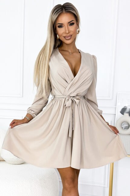 339-4 BINDY Feminine dress with a neckline and belt - beige-1
