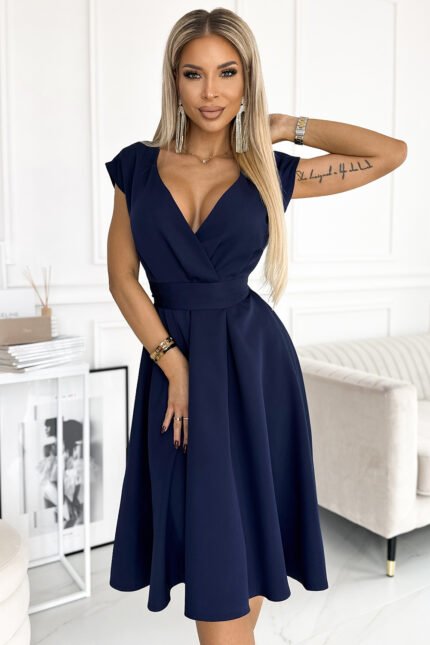 348-6 SCARLETT - flared dress with a neckline - dark blue-1