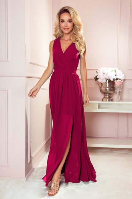 362-5 JUSTINE Long dress with a neckline and a tie - Burgundy color-1