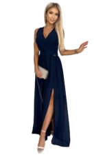 362-7 JUSTINE Long dress with a neckline and a tie - navy blue-7