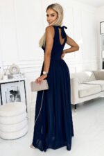 362-7 JUSTINE Long dress with a neckline and a tie - navy blue-2