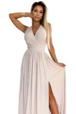 362-8 JUSTINE Long dress with a neckline and a tie at the back - beige with glitter-8