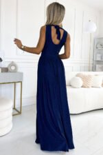 362-9 JUSTINE Long dress with a neckline and a tie at the back - navy blue with glitter-3