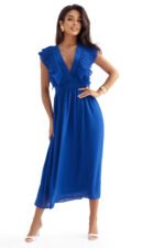 367-3 YANA Midi dress with pleated ruffles and a neckline - cornflower blue-12