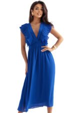 367-3 YANA Midi dress with pleated ruffles and a neckline - cornflower blue-11