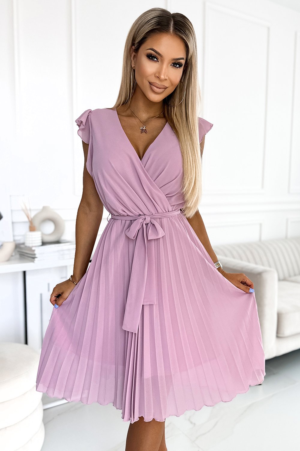 374-3 POLINA Pleated dress with a neckline and frills - dirty pink-1 374-3 POLINA Pleated dress with a neckline and frills - dirty pink-1