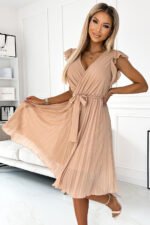 374-5 POLINA Pleated dress with a neckline and frills - beige-4