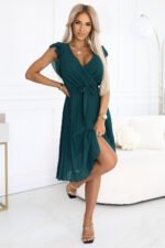 374-8 POLINA Pleated dress with a neckline and ruffles - green-2