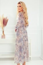 378-2 Chiffon midi dress - beige and blue boho pattern-4