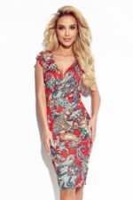 379-1 BOYKA Fitted dress with an envelope neckline - red boho pattern-1
