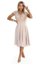 381-7 LINDA Chiffon Floaty Dress with Lace Neckline - Beige-7