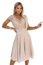 381-7 LINDA Chiffon Floaty Dress with Lace Neckline - Beige-9