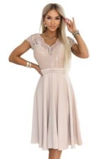 381-7 LINDA Chiffon Floaty Dress with Lace Neckline - Beige-8