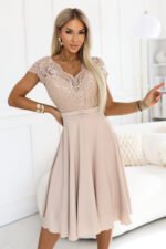 381-7 LINDA Chiffon Floaty Dress with Lace Neckline - Beige-3