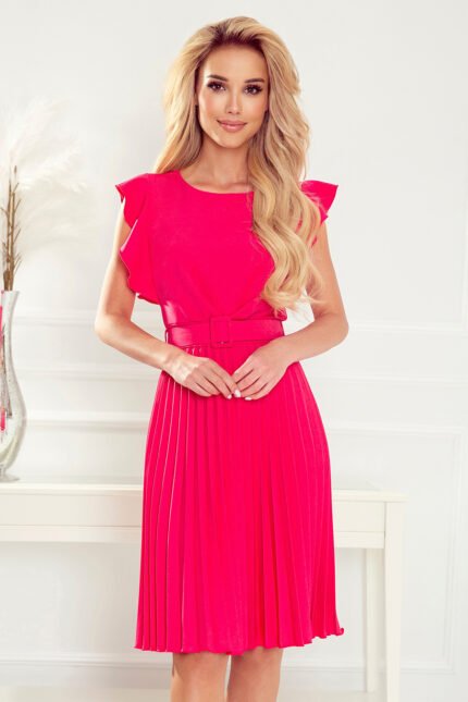 396-2 LAYLA Pleated dress with a belt - raspberry color-1