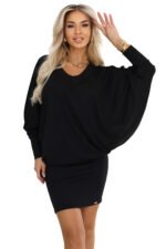 402-10 Comfortable batwing dress with long sleeves - black-6