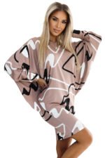 402-8 Batwing sleeveless comfortable dress with a neckline - beige with a black and white pattern-9