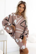 402-8 Batwing sleeveless comfortable dress with a neckline - beige with a black and white pattern-5