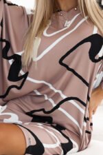 402-8 Batwing sleeveless comfortable dress with a neckline - beige with a black and white pattern-7
