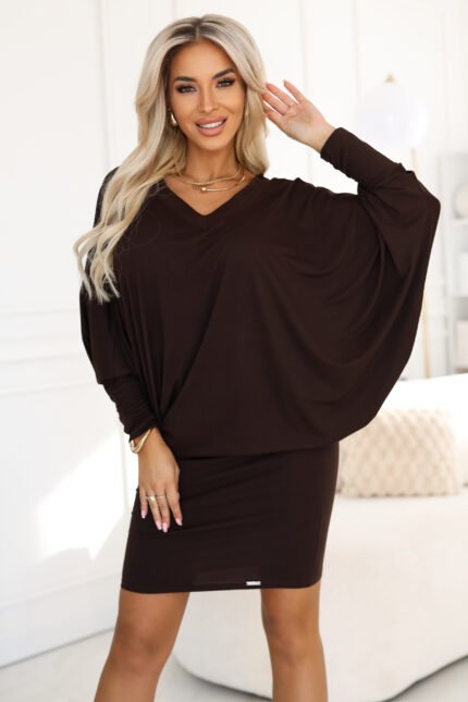 402-9 Comfortable batwing dress with long sleeves - chocolate-1