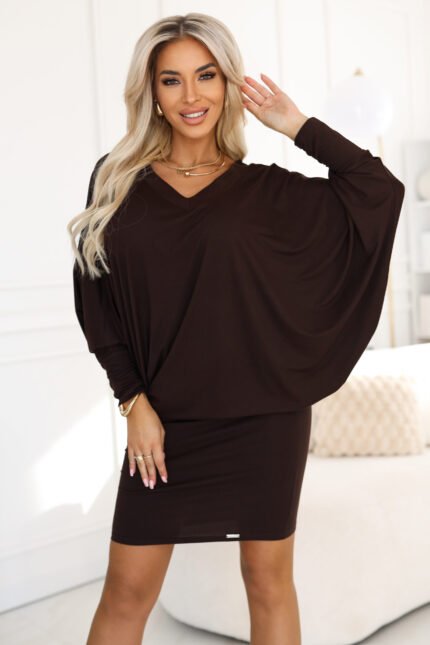 402-9 Comfortable batwing dress with long sleeves - chocolate-1