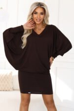 402-9 Comfortable batwing dress with long sleeves - chocolate-4
