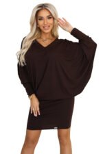 402-9 Comfortable batwing dress with long sleeves - chocolate-7