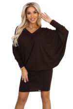 402-9 Comfortable batwing dress with long sleeves - chocolate-7