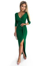 404-1 Shiny dress with a neckline and a slit on the leg - green-7