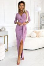 404-10 Shiny dress with a neckline and a slit on the leg - dirty pink with glitter-1