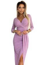 404-10 Shiny dress with a neckline and a slit on the leg - dirty pink with glitter-8