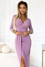 404-10 Shiny dress with a neckline and a slit on the leg - dirty pink with glitter-4