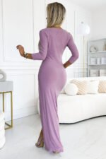 404-10 Shiny dress with a neckline and a slit on the leg - dirty pink with glitter-3