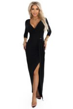 404-13 Elegant long dress with a wrap neckline and slit - black-7