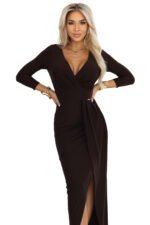 404-14 Elegant long dress with a wrap neckline and slit - chocolate brown-11