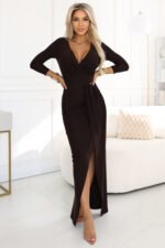 404-14 Elegant long dress with a wrap neckline and slit - chocolate brown-1