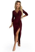 404-5 Shiny dress with a neckline and a slit on the leg - Burgundy color-7