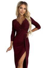 404-5 Shiny dress with a neckline and a slit on the leg - Burgundy color-8