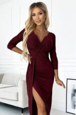 404-5 Shiny dress with a neckline and a slit on the leg - Burgundy color-4