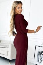 404-5 Shiny dress with a neckline and a slit on the leg - Burgundy color-5