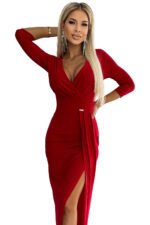 404-7 Shiny dress with a neckline and a slit on the leg - red color-9