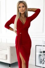 404-7 Shiny dress with a neckline and a slit on the leg - red color-5