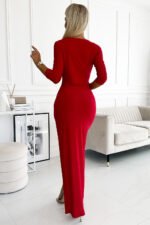 404-7 Shiny dress with a neckline and a slit on the leg - red color-3