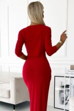 404-7 Shiny dress with a neckline and a slit on the leg - red color-6