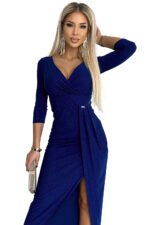 404-8 Shiny dress with a neckline and a slit on the leg - blue with glitter-8