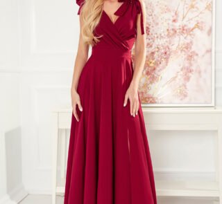 405-1 ELENA Long dress with a neckline and ties on the shoulders - Burgundy color-1